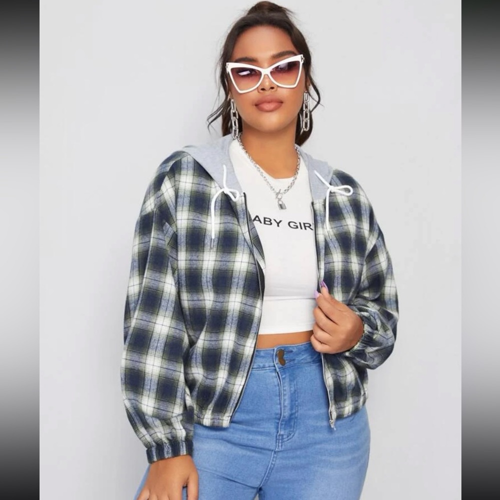 Plaid Drawstring Hooded Jacket - Picture 3 of 5